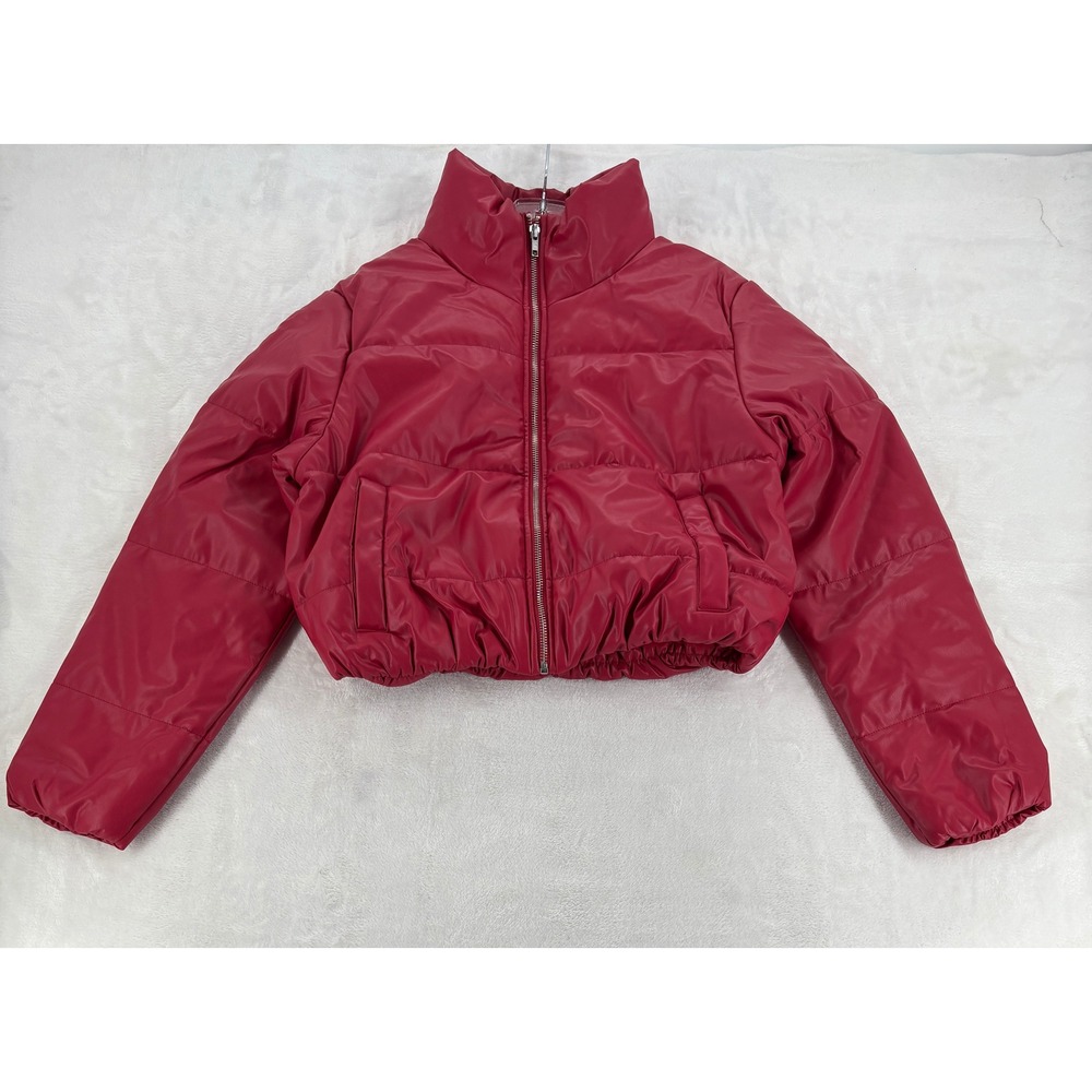 Fashion Nova Puffer Jacket M Vixen Faux Leather Red Cropped Zip Up Coat